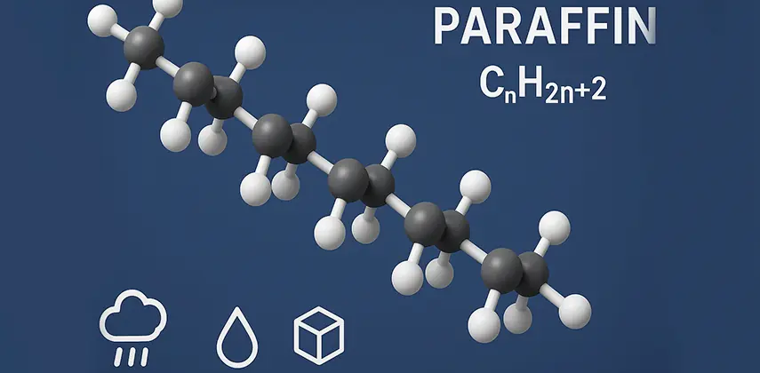 Parafin moleküler yapısı, CnH2n+2 formülü ve gaz, sıvı, katı hallerini gösteren 3D görsel