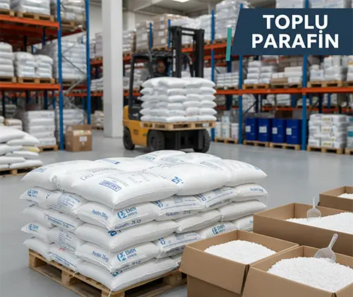 Emin Kimya deposunda istiflenmiş toptan parafin çuvalları