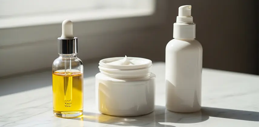Cilt bakımında kullanılan mineral yağ (sıvı parafin) içeren şık ve minimalist kozmetik ürün şişeleri