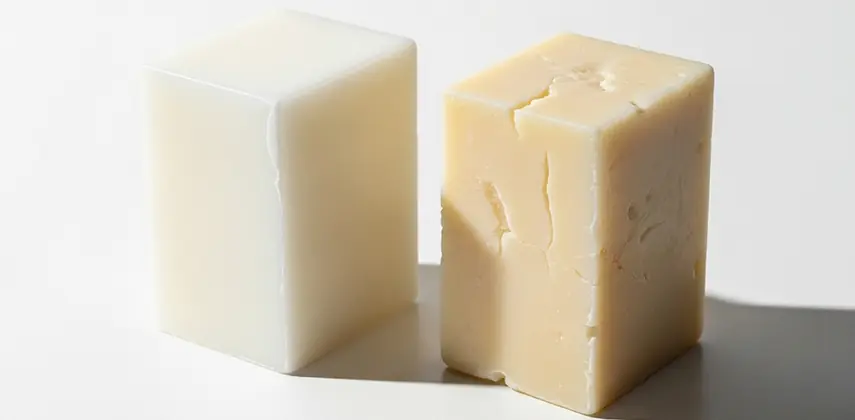 Bir yanda petrol türevi parafin waxı, diğer yanda soya fasulyesi bazlı doğal soya waxı bloklarının yan yana görseli.