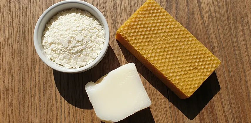 Doğal mum alternatiflerini gösteren bir kompozisyon: bir kase soya mumu (soy wax), bir parça hindistan cevizi mumu ve sarı balmumu (beeswax).