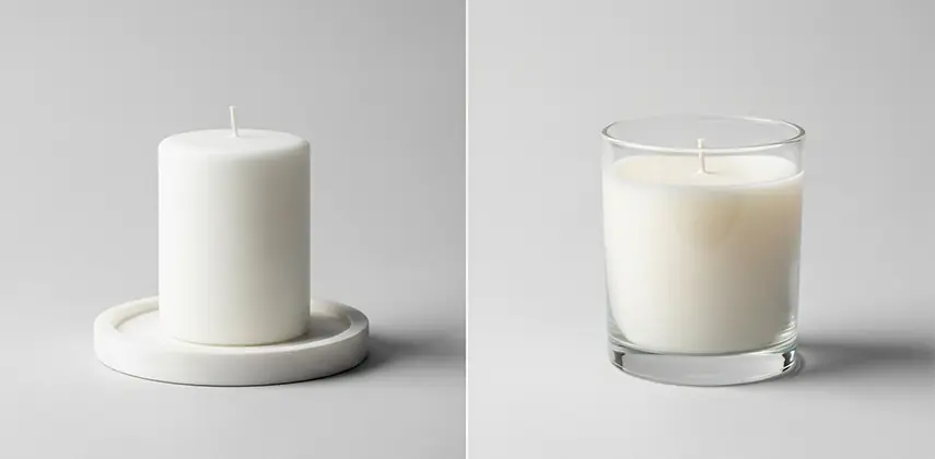 Kalıp parafini ve kap parafinin farkı: Solda kalıptan çıkmış ayakta duran bir sütun mum, sağda ise bir bardak içine dökülmüş kap mumu.