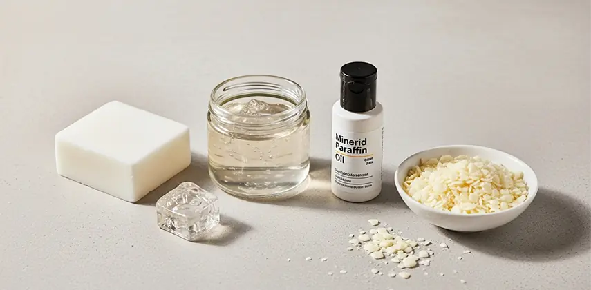 Farklı parafin çeşitlerini gösteren bir stil fotoğrafı: katı blok parafin, jel mum, sıvı parafin ve soya mumu.