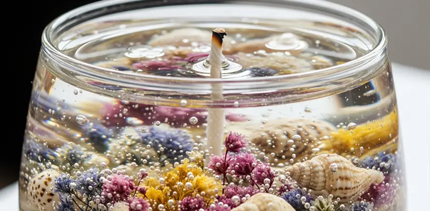 Bir cam vazo içine dökülmüş toz (kum) parafin granülleri ve ortasına yerleştirilmiş bir fitil, eritmeye gerek olmadığını gösteriyor.