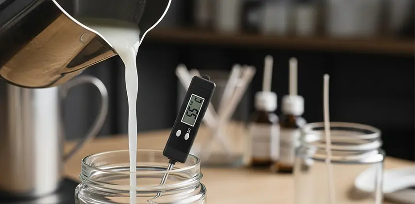 Termometre ile kontrol edilen erimiş parafin mumun kalıba dökülme anı