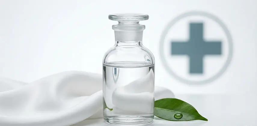 Tıbbi ve kozmetik amaçlı kullanılan şeffaf sıvı parafin şişesi ve nemlendirici etkisini simgeleyen yaprak