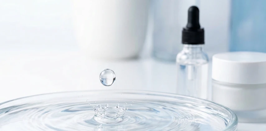 Likit parafin (mineral yağ) saf damlası ve kozmetik, tıbbi, endüstriyel kullanım alanları konsepti.